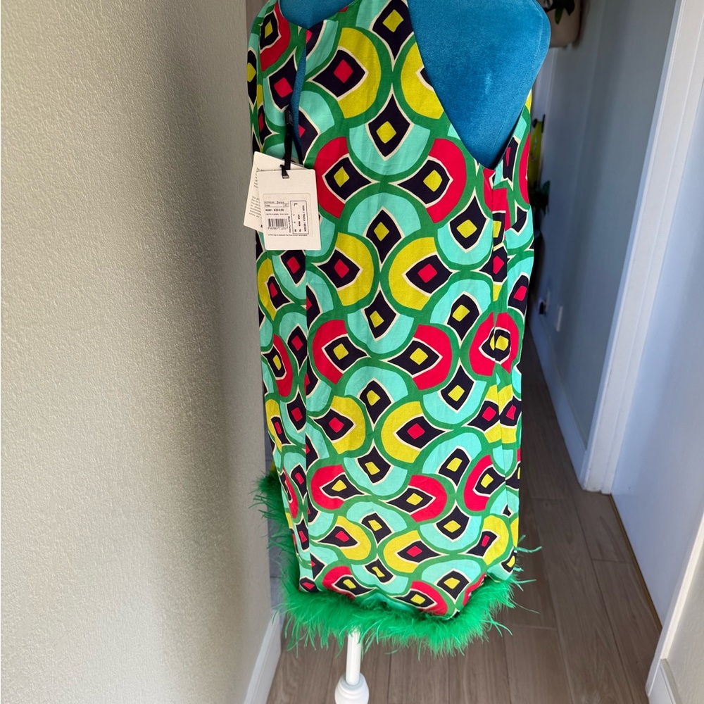 NWT-Colorful Geometric Dress with Feather Hem